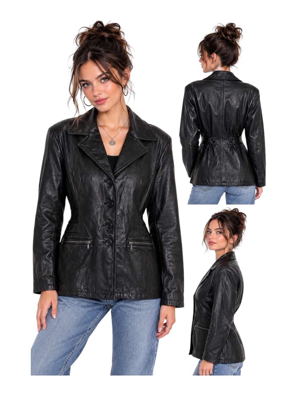 Vtg 90s/ Matrix Chic Black Leather Maxima Women’s Leather Button Front Jacket L